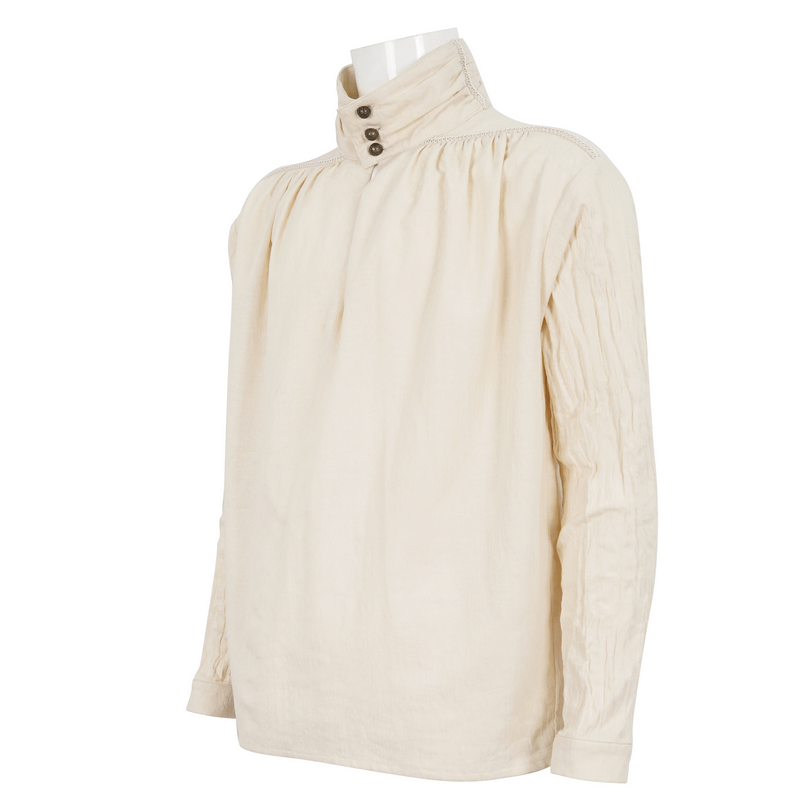 Vintage stand collar cotton shirt for men with buttons, long sleeves, and loose fit, perfect for a nostalgic style.