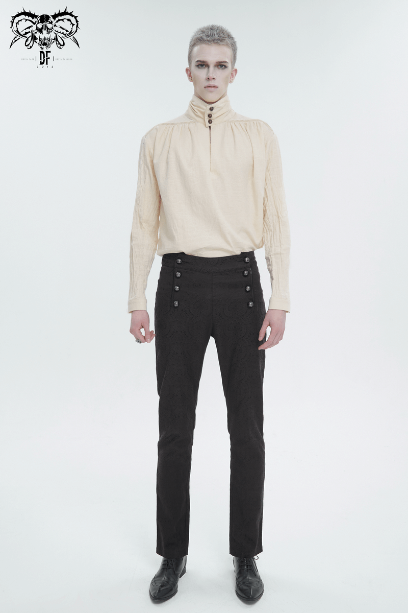Man wearing a vintage stand collar cotton shirt with buttons and fitted pants, exuding retro fashion.