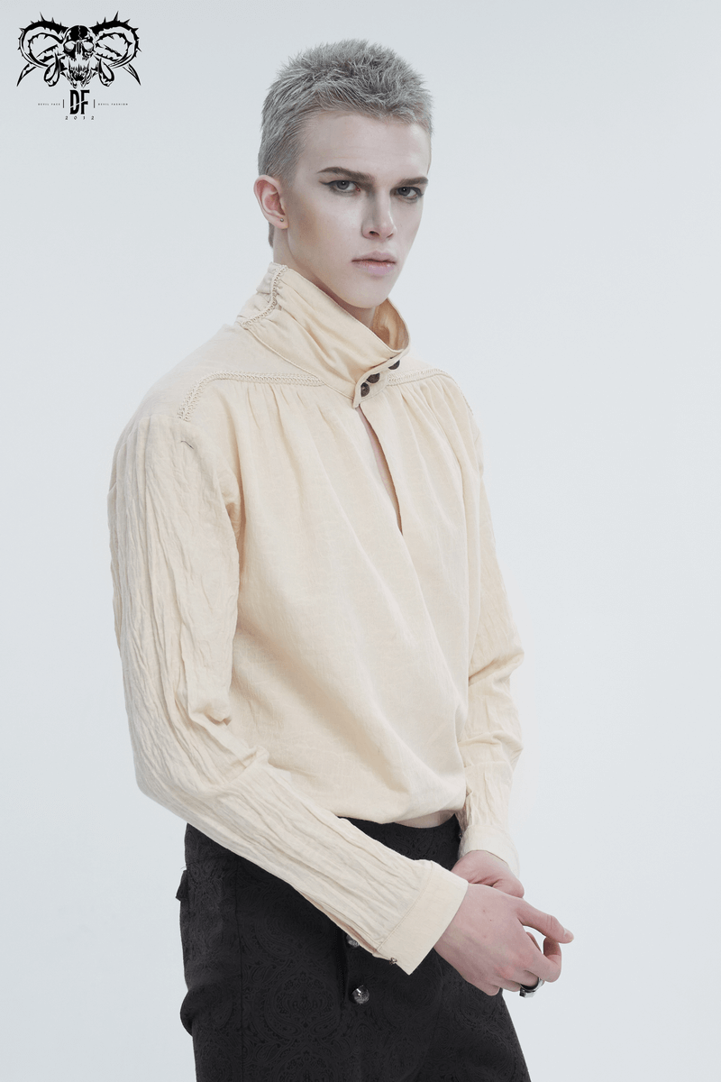 Men's vintage stand collar cotton shirt in cream, featuring buttons and a loose fit for a classic retro look.