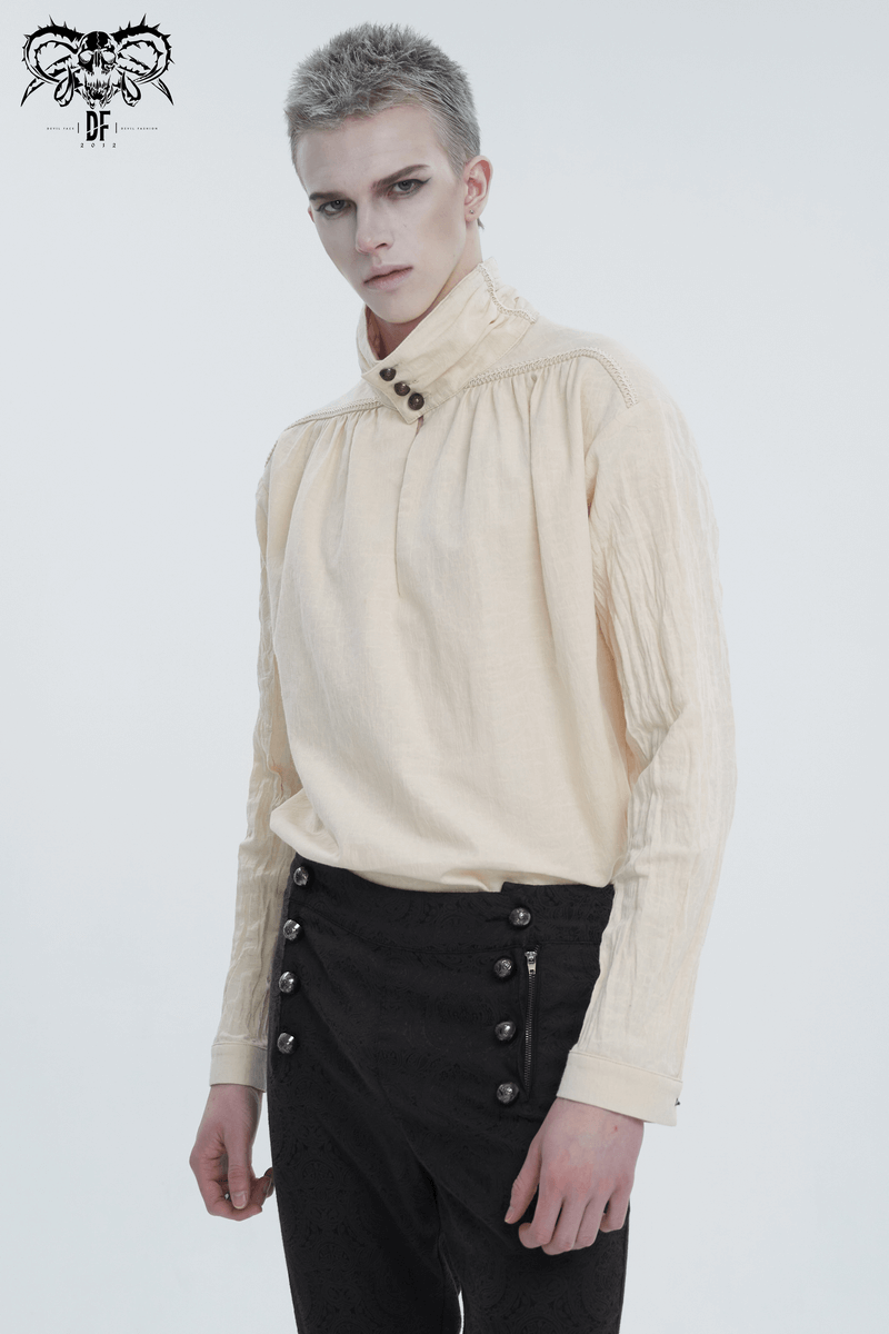 Men's vintage stand collar cotton shirt with buttons, featuring a loose fit and retro style, perfect for a classic look.