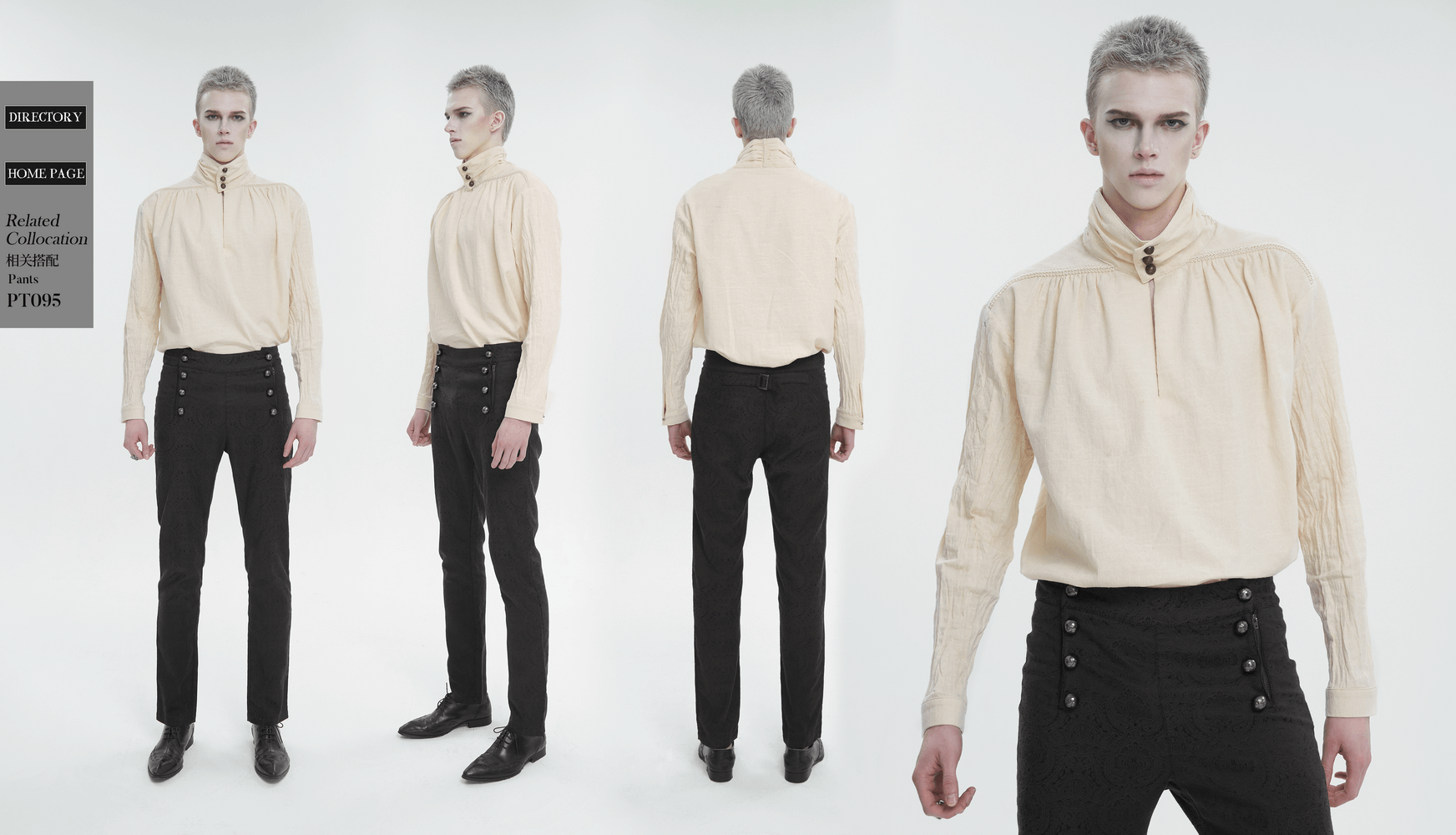 Men's vintage stand collar cotton shirt in cream, featuring long sleeves and a loose fit, styled with elegant black pants.