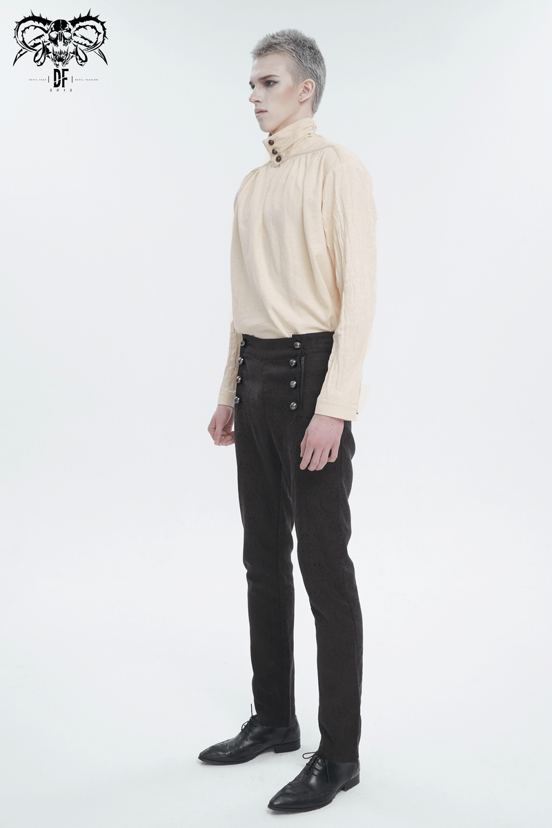 Model wearing a vintage stand collar cotton shirt with buttons, paired with tailored trousers in a minimalist studio setting.