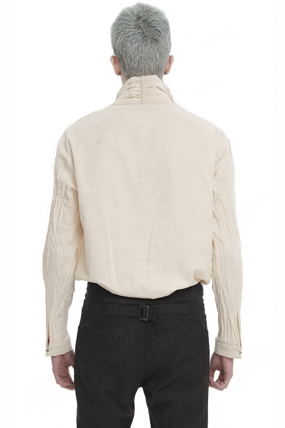Back view of a vintage stand collar cotton shirt for men, showcasing its loose fit and elegant retro design.