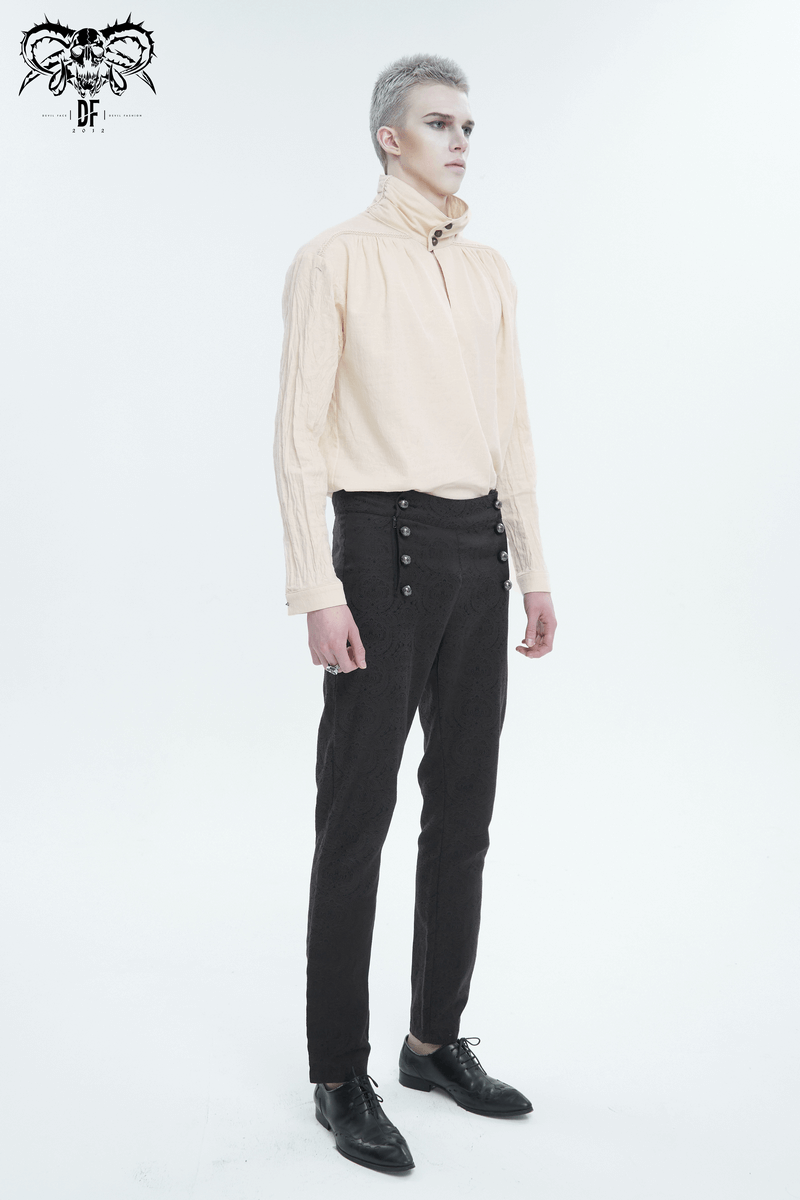Man wearing a vintage stand collar cotton shirt with buttons, paired with dark trousers and black shoes.