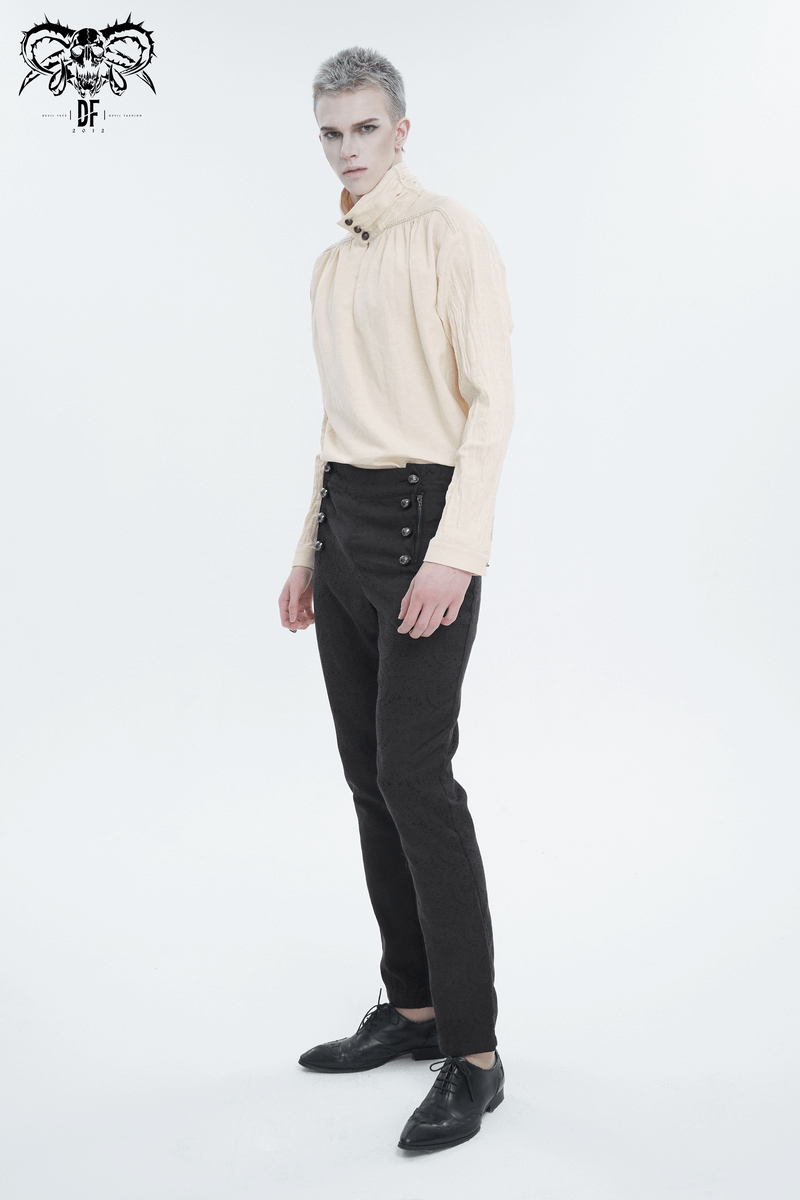 Model showcasing a vintage stand collar cotton shirt with buttons and black pants, embodying retro fashion style.