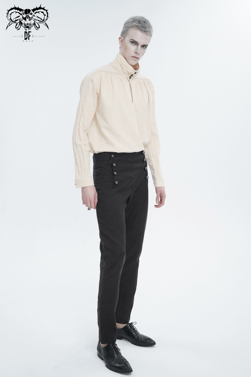 Vintage stand collar cotton shirt for men, styled with loose fit black trousers and a modern retro look.