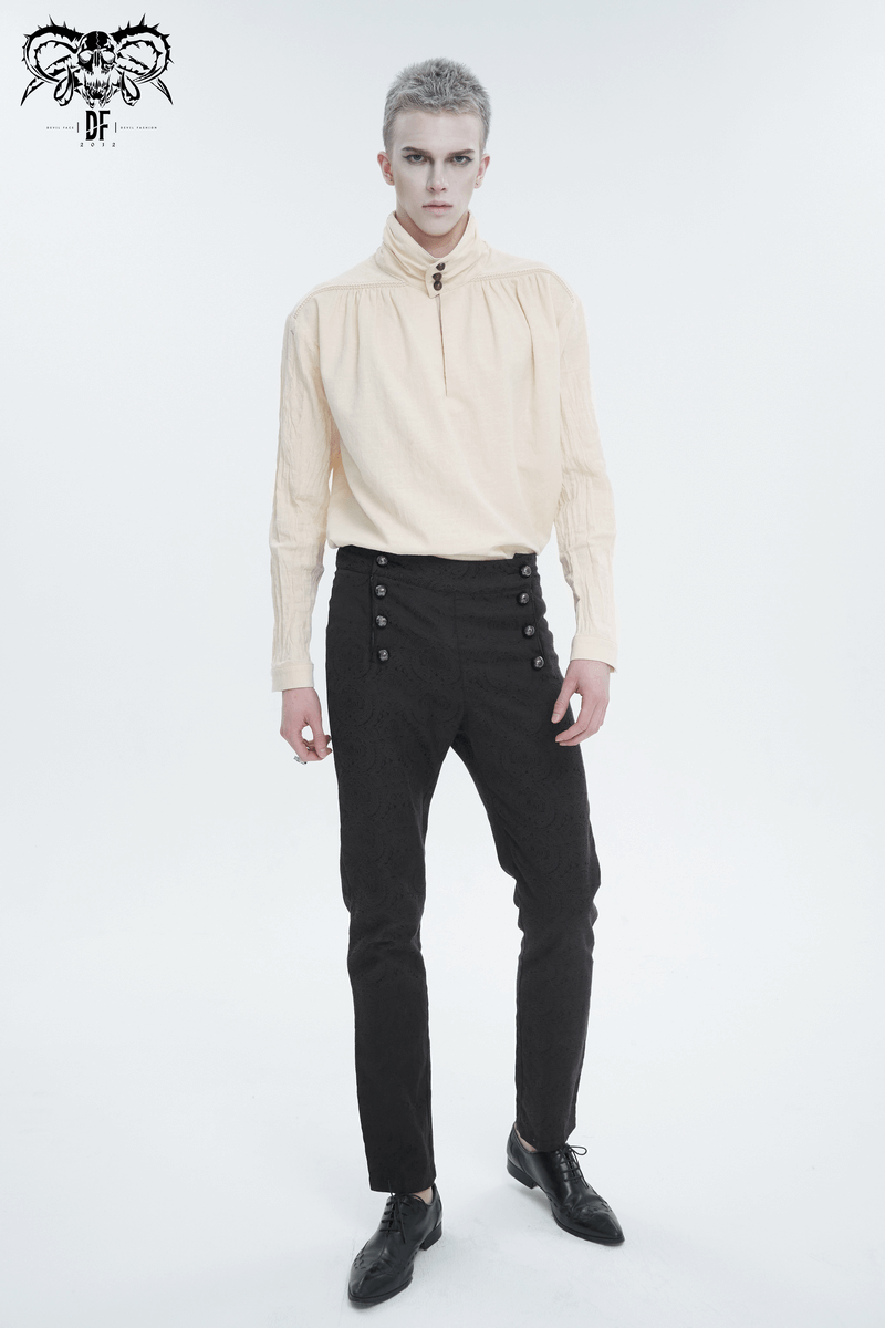 Vintage Stand Collar Cotton Shirt With Buttons / Male Long Sleeves Loose Shirts - HARD'N'HEAVY