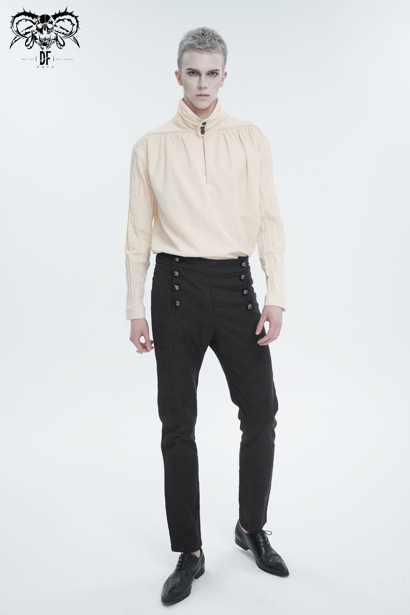 Male model in a vintage stand collar cotton shirt and high-waisted trousers, showcasing a retro-inspired look.