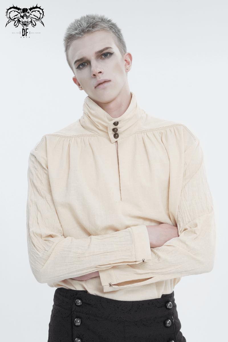 Men's vintage stand collar cotton shirt in cream, featuring button details and a loose fit, embodying retro style.