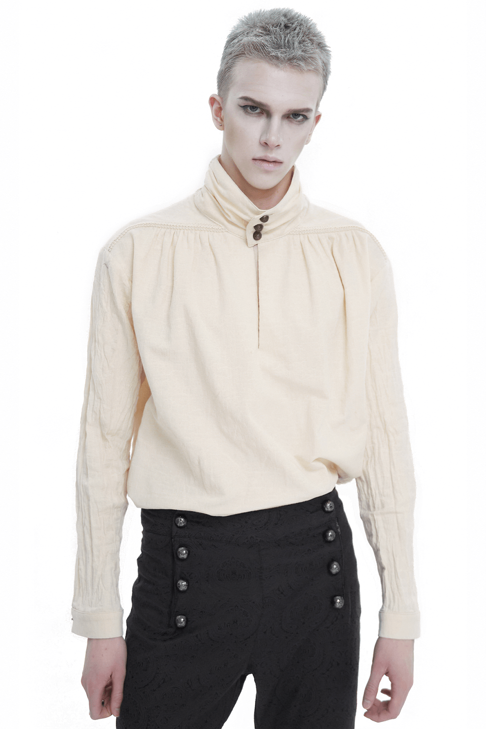 Men's vintage stand collar cotton shirt with buttons, featuring a loose fit and timeless style.