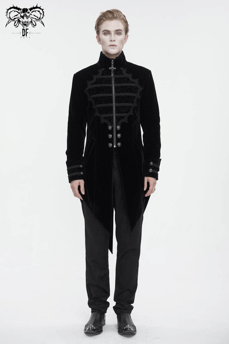 Men's vintage stand collar zipper coat with embroidered lace and cross tail design in gothic style.