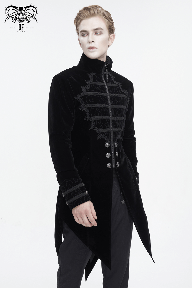 Men's vintage stand collar coat with embroidered lace and zipper, showcasing gothic elegance and unique cross tail design.