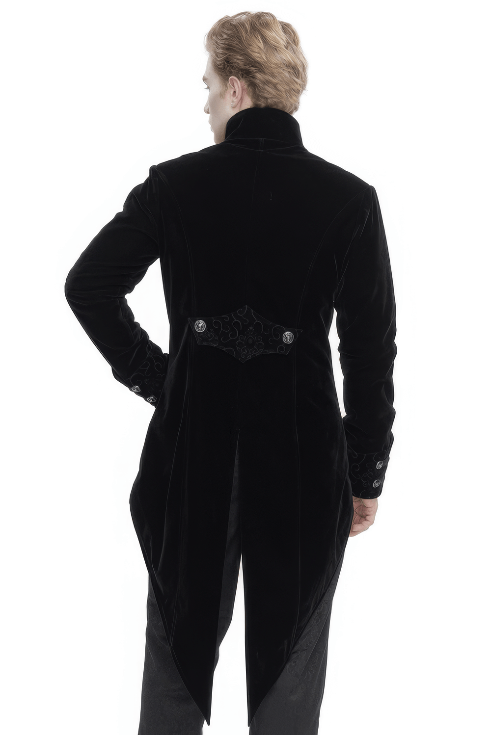 Back view of men's vintage stand collar coat with embroidered lace and cross tail design.