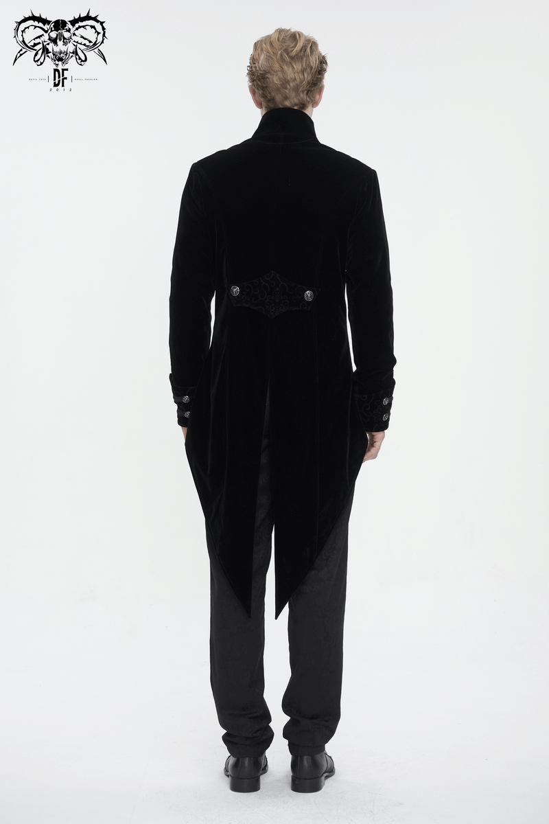 Back view of a vintage stand collar men's coat in black velvet with embroidered lace and cross tail design.