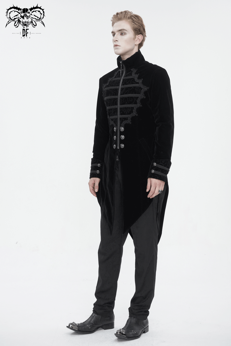 Men's vintage stand collar coat with embroidered lace and zipper design in black.