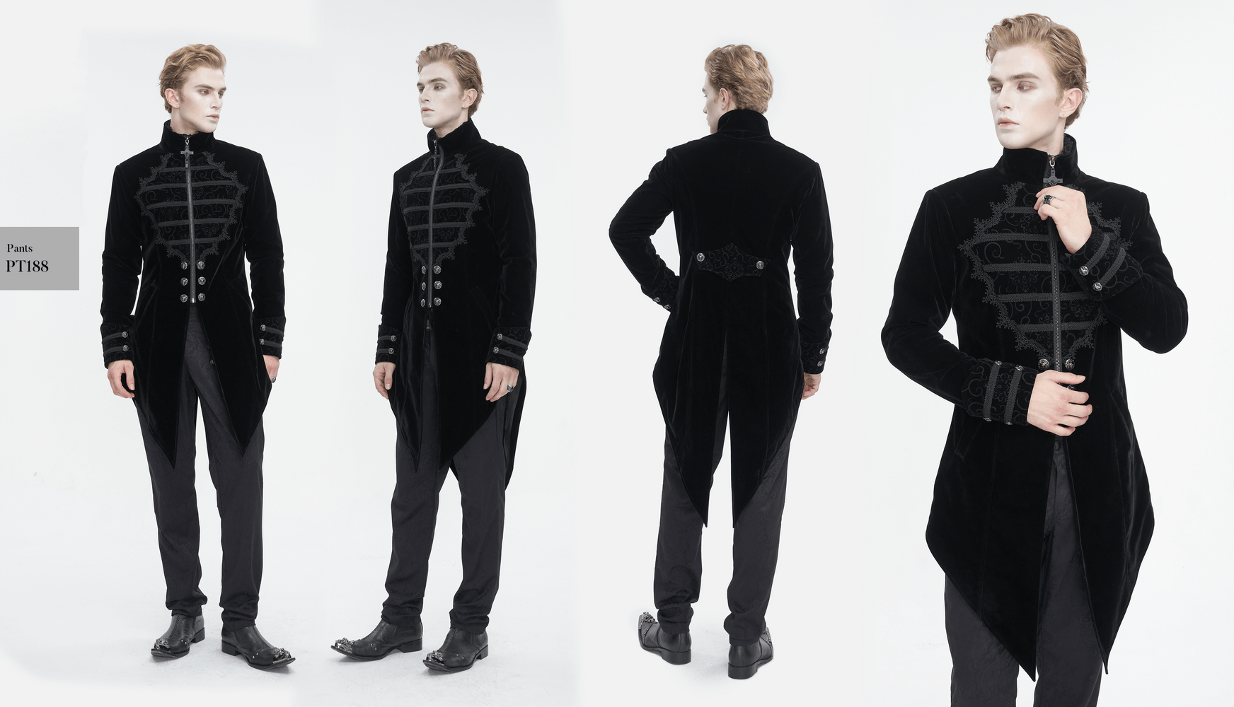 Men's vintage stand collar coat with embroidered lace, showcasing gothic elegance and a unique cross tail design.