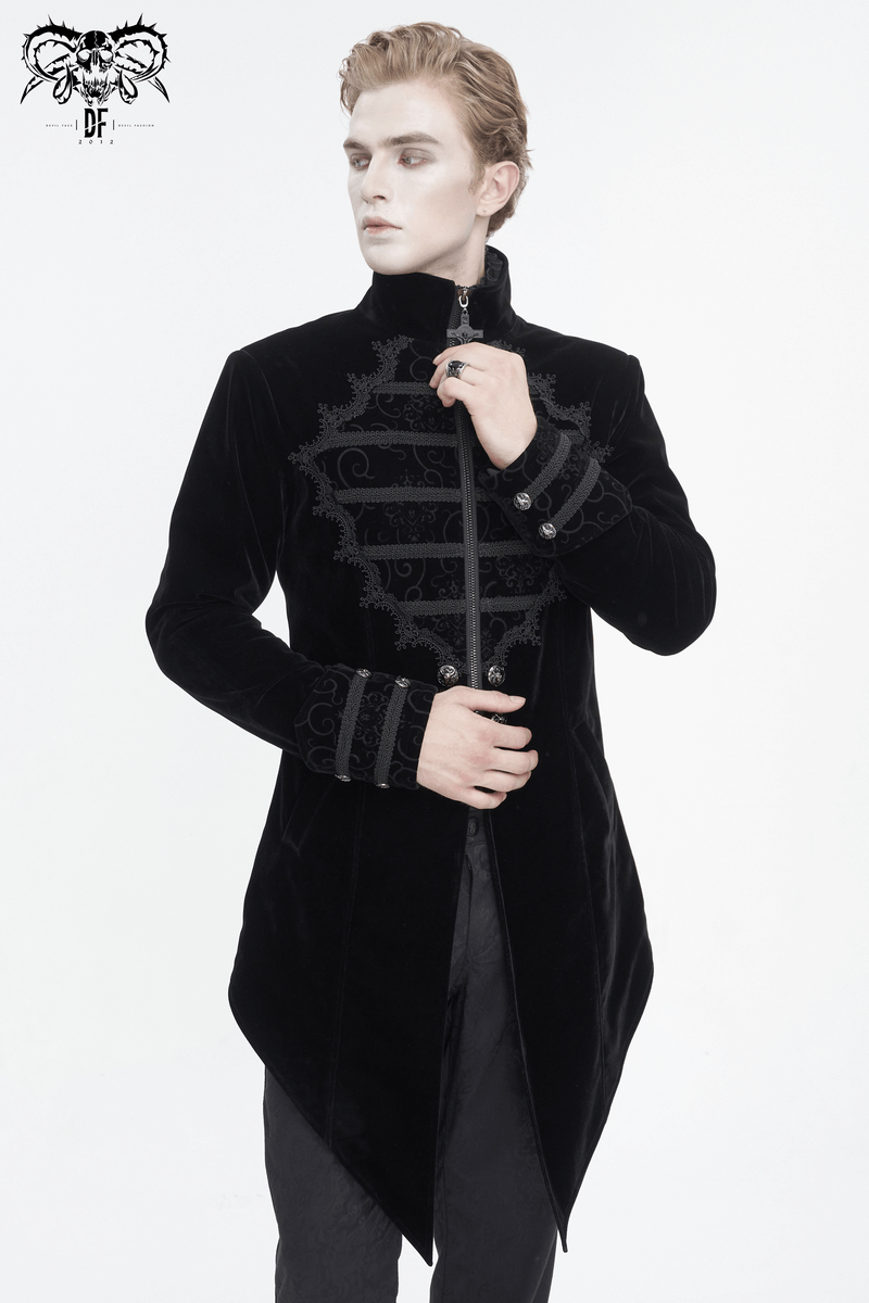 Men's vintage gothic stand collar coat with embroidered lace and cross tail design, exuding dark elegance.