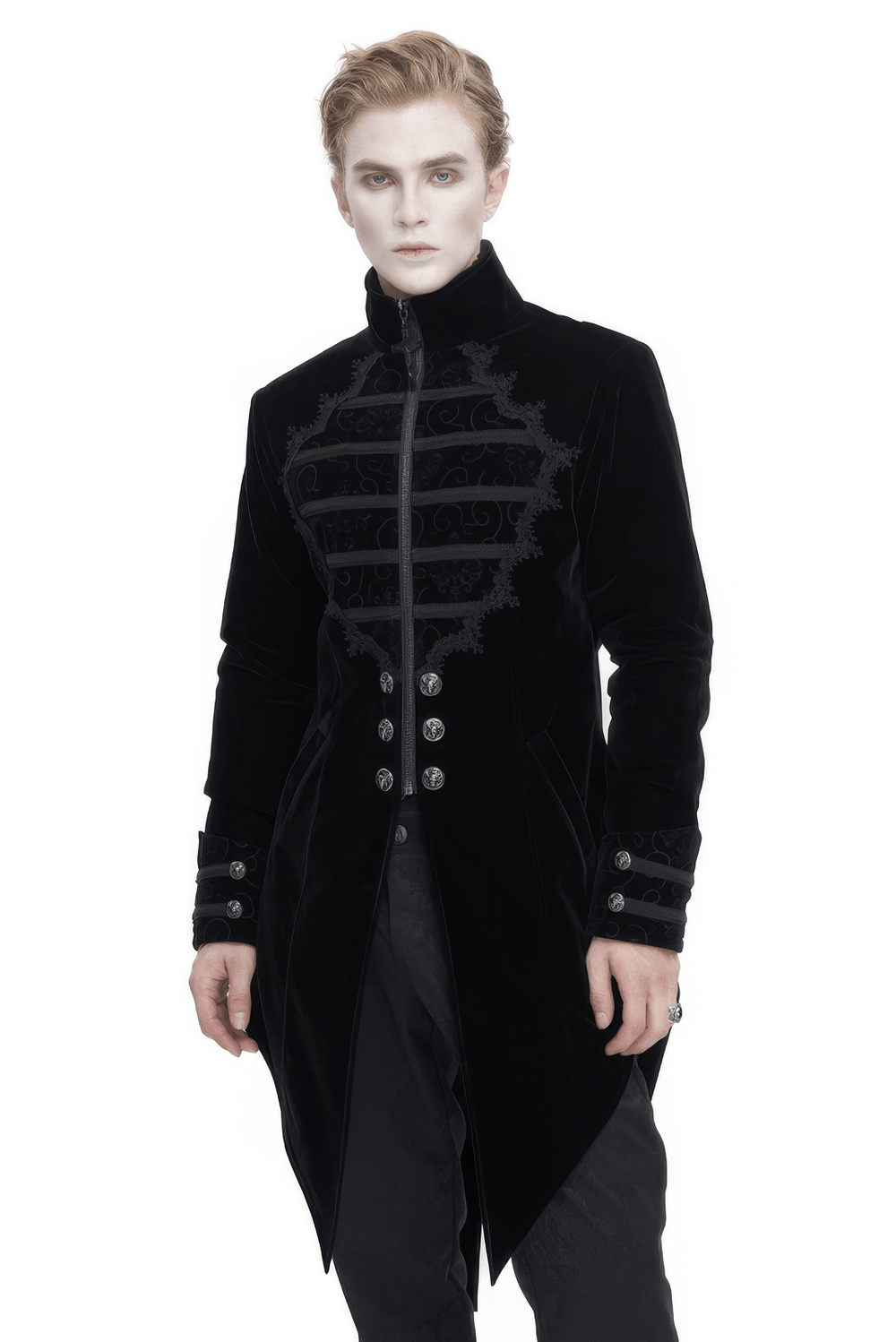 Men's vintage stand collar coat with embroidered lace and zipper, exuding gothic elegance and mystery.