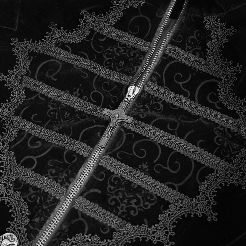 Close-up of vintage stand collar coat with embroidered lace and zipper design, showcasing gothic elegance and intricate details.