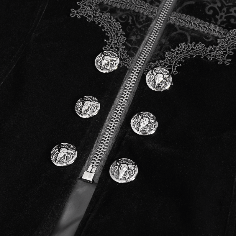 Close-up of vintage stand collar coat featuring intricate embroidered lace and unique silver buttons.