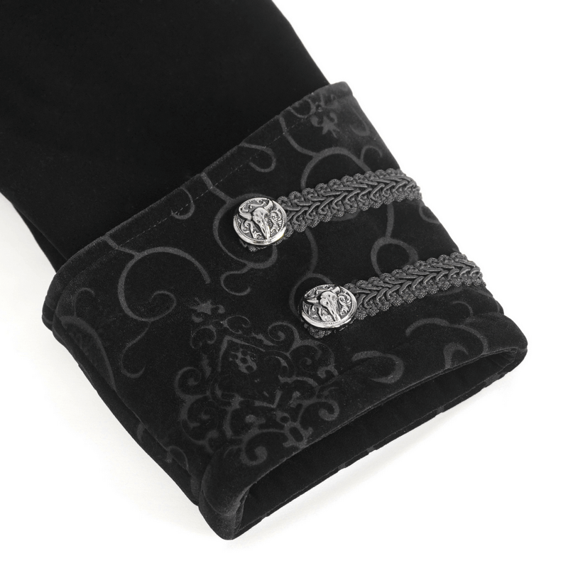 Close-up of the vintage stand collar coat's elegant embroidered lace and silver buttoned cuff.