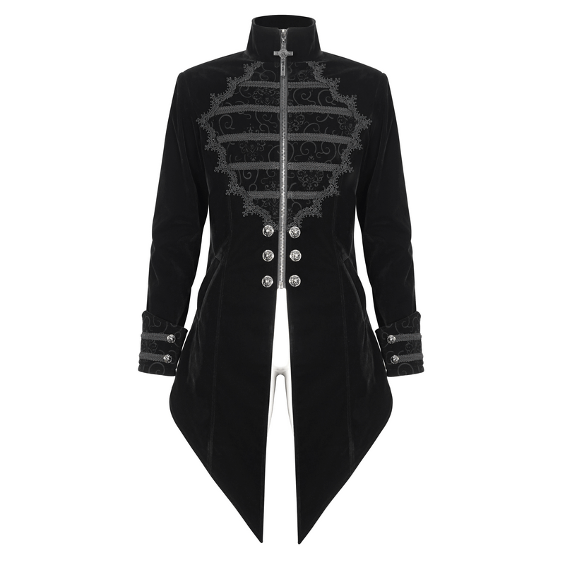 Vintage Stand Collar Zipper Cross Tail Coat With Embroidered Lace - HARD'N'HEAVY