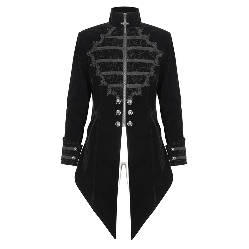 Vintage Gothic stand collar coat with embroidered lace and zipper, featuring a unique cross tail design.