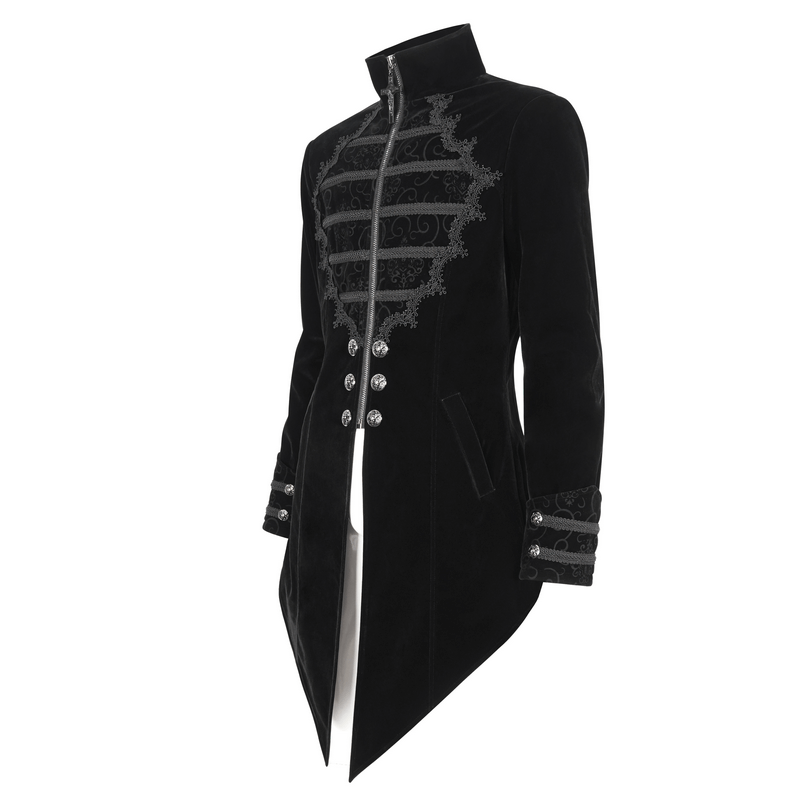 Vintage stand collar coat with zipper, embroidered lace detailing, and cross tail, perfect for gothic style.