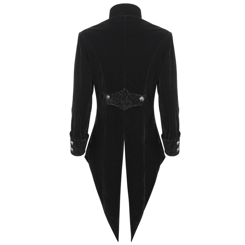 Back view of men's vintage stand collar coat with embroidered lace and cross tail design.