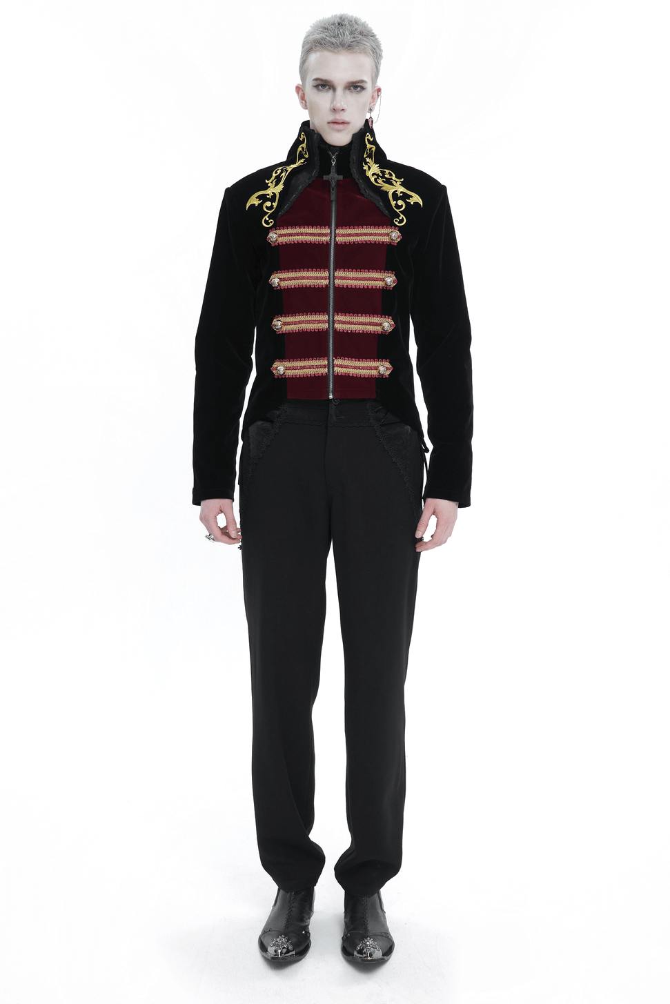 Vintage gothic stand-up collar tailcoat with gold embroidery, exuding stylish sophistication and elegance.