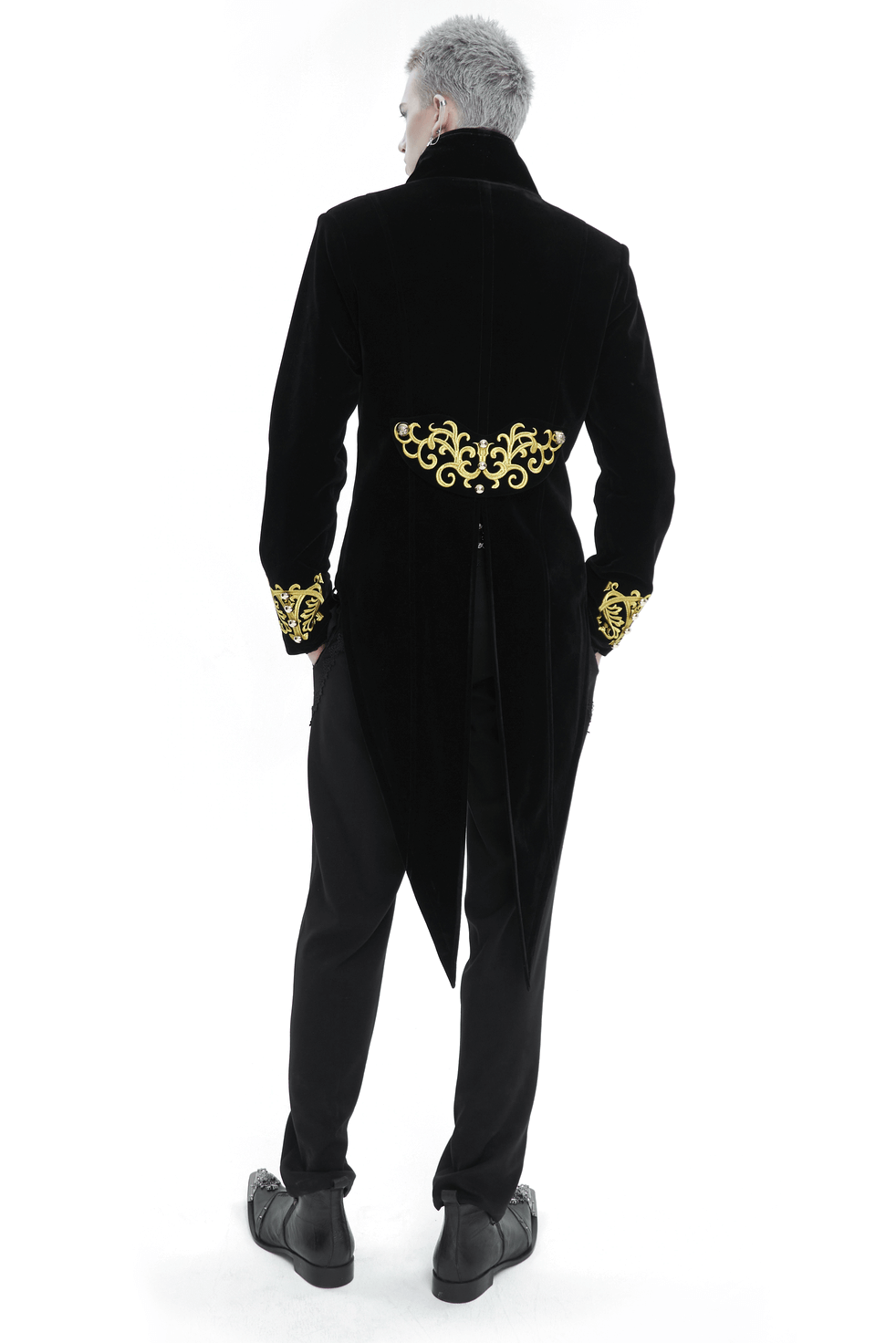 Back view of a vintage stand-up collar tailcoat with gold embroidery, exuding gothic elegance and sophistication.