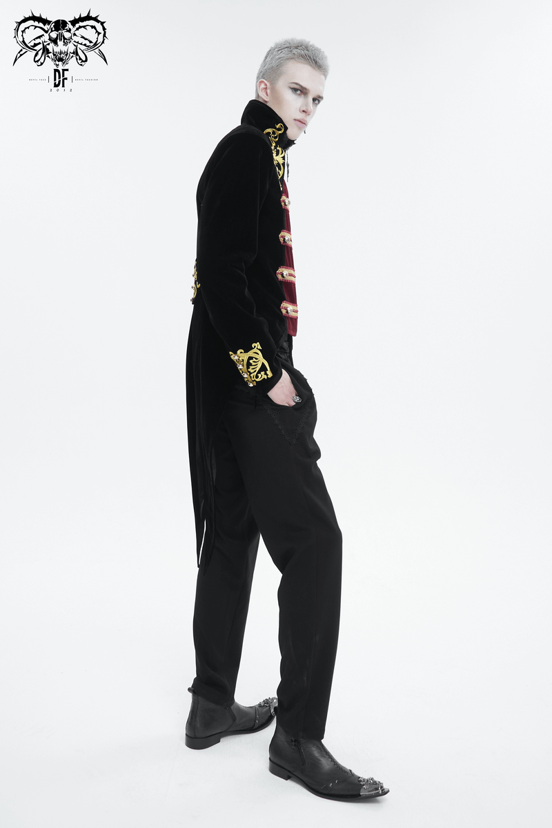 Vintage Gothic stand-up collar tailcoat with gold embroidery, showcasing stylish sophistication and a bold silhouette.