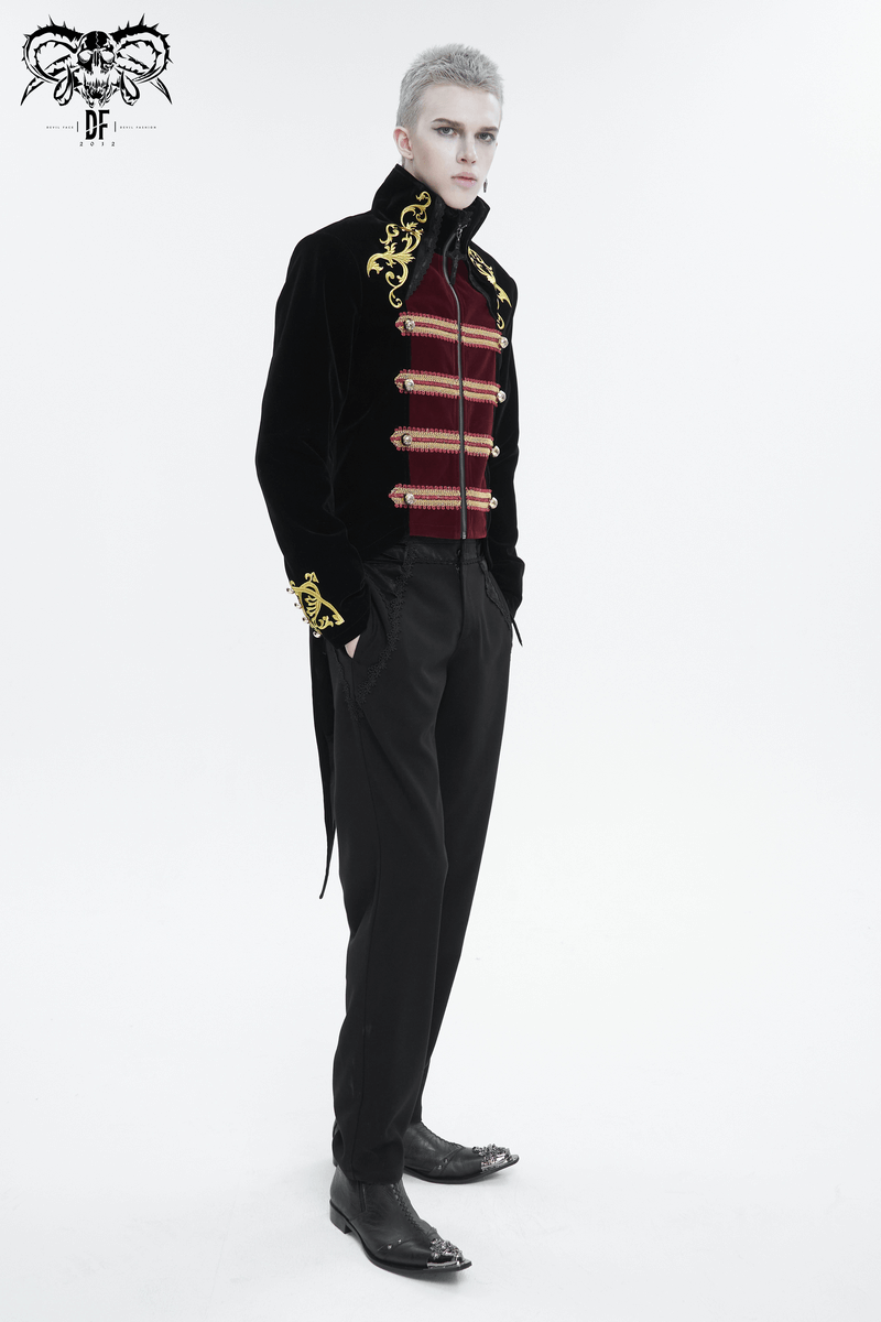 Vintage Gothic stand-up collar tailcoat with gold embroidery, stylishly draped on model, exuding regal sophistication.