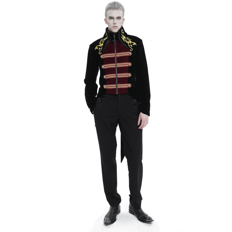 Vintage Gothic tailcoat with gold embroidery, featuring a stand-up collar and stylish silhouette.
