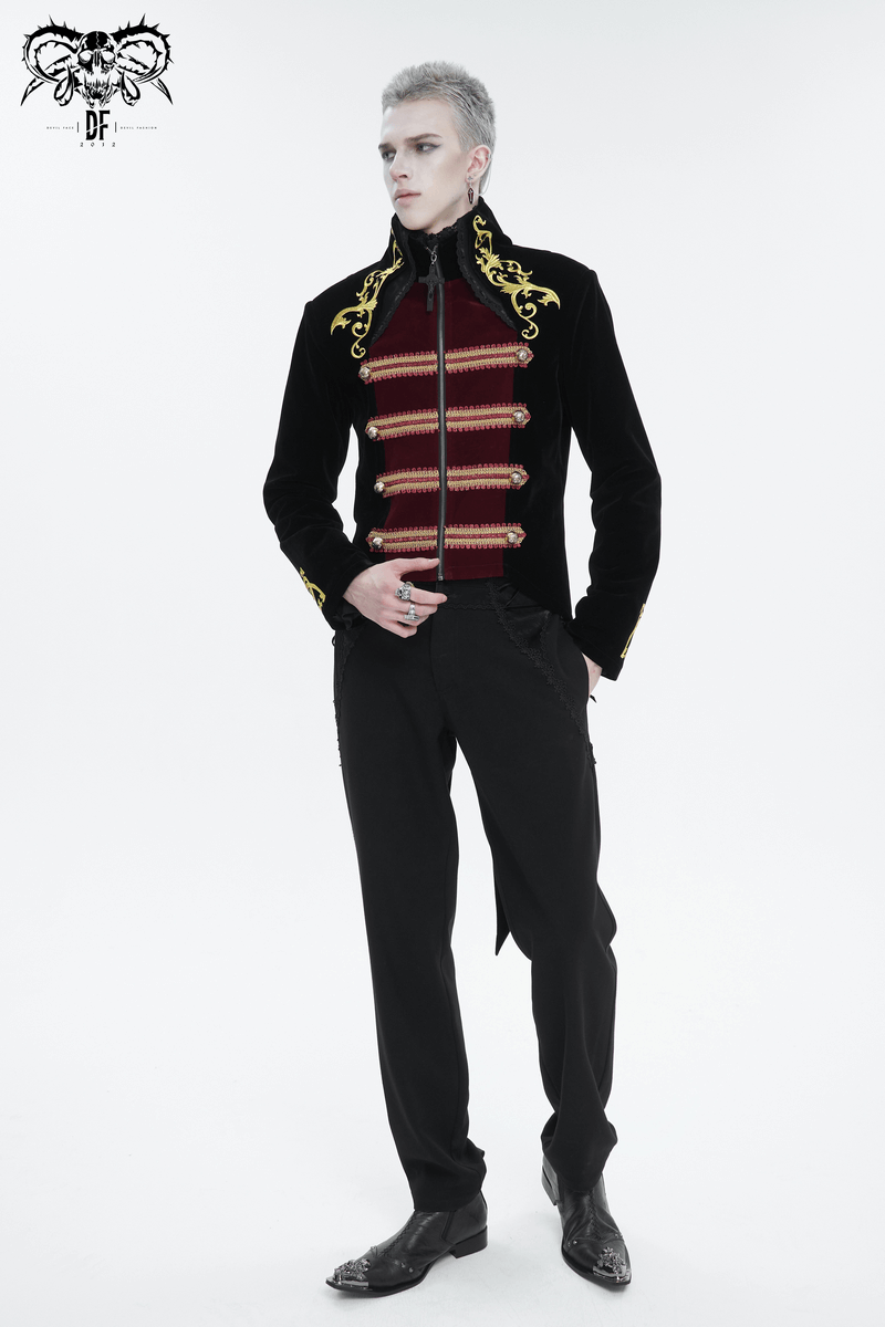 Vintage gothic tailcoat with gold embroidery showcases regal style and sophisticated elegance.