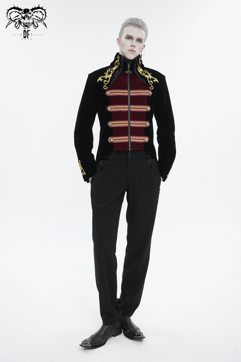 Stylish vintage tailcoat with gold embroidery and stand-up collar, perfect for a gothic-inspired look.