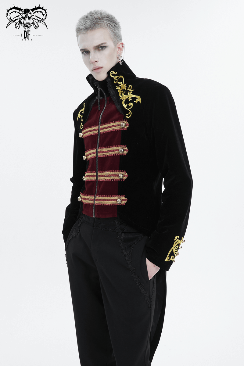 Vintage Gothic stand-up collar tailcoat with gold embroidery and stylish silhouette.