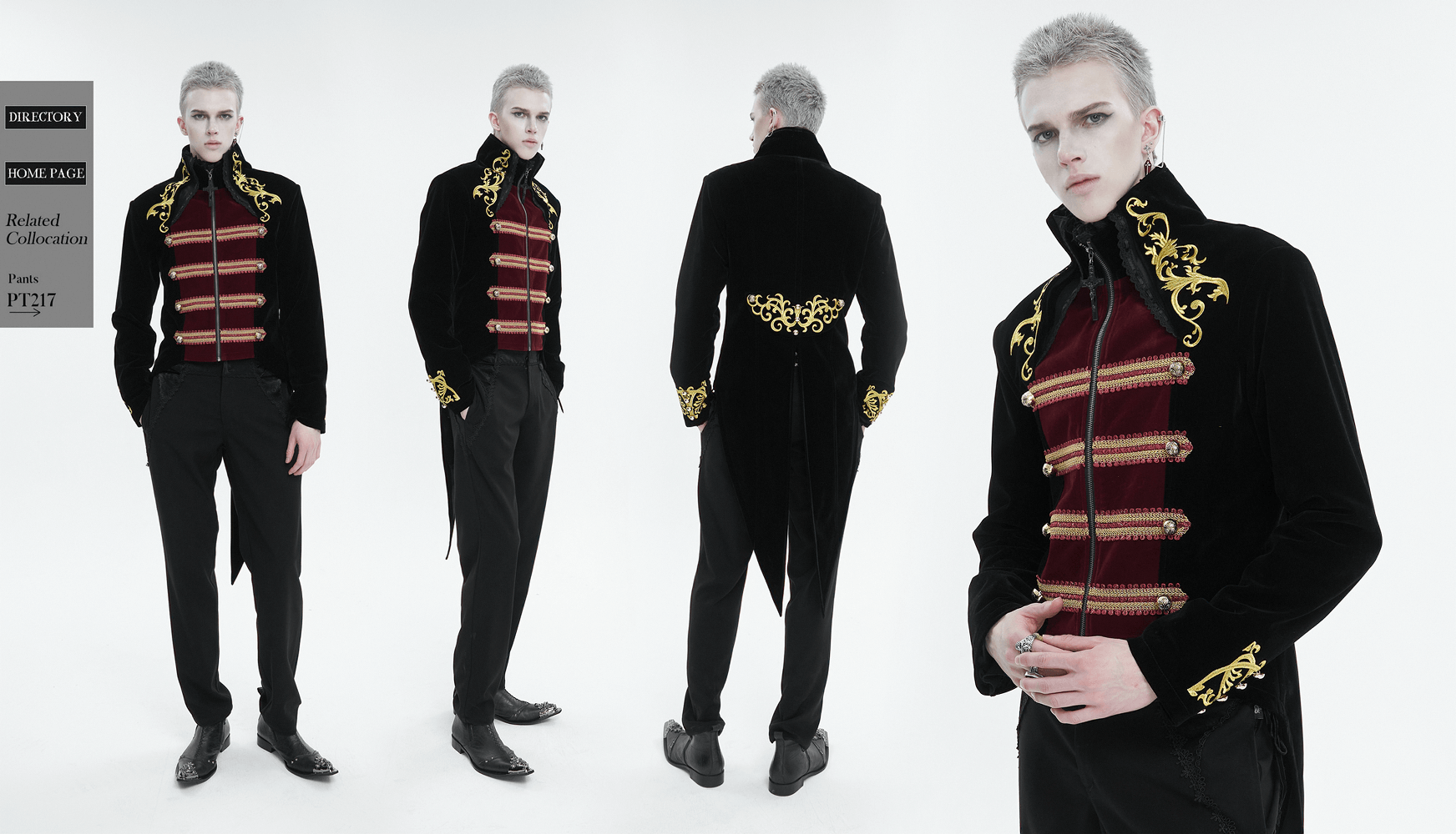 Vintage Gothic tailcoat with gold embroidery worn by model, showcasing stylish elegance and striking silhouette.