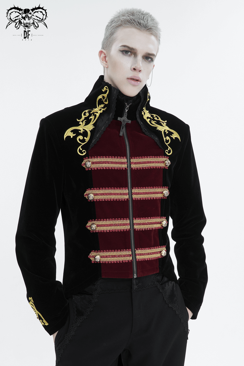 Vintage Gothic stand-up collar tailcoat with gold embroidery, stylish men's clothing with bold, elegant design.