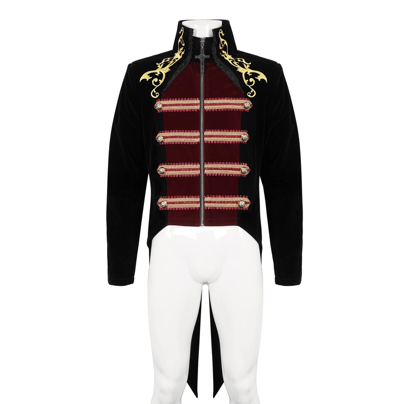 Vintage stand-up collar tailcoat with intricate gold embroidery, stylish gothic fashion statement.