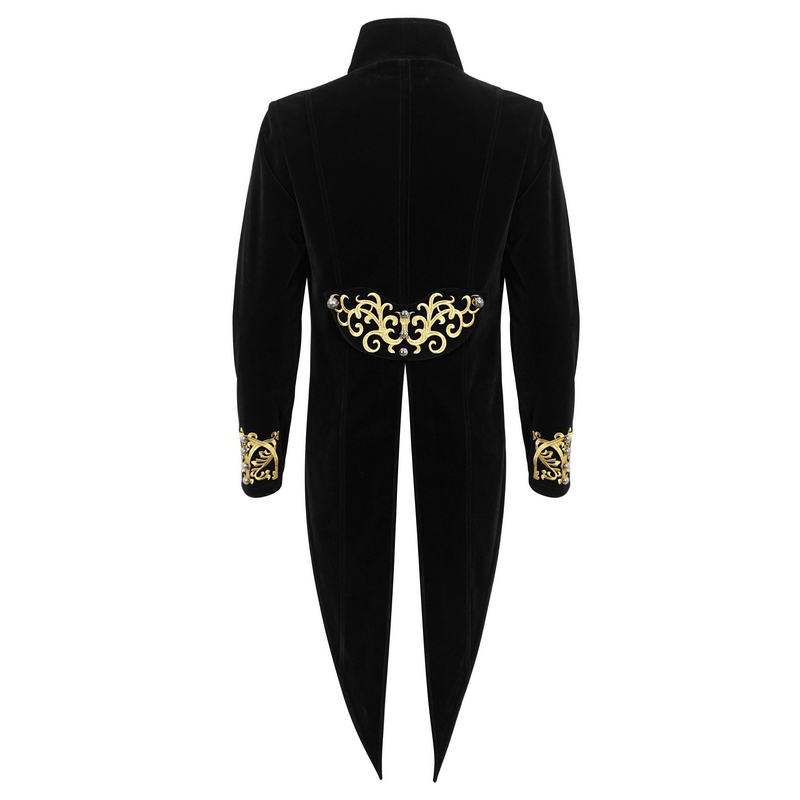 Vintage gothic tailcoat with stand-up collar and intricate gold embroidery, showcasing dark elegance and sophistication.