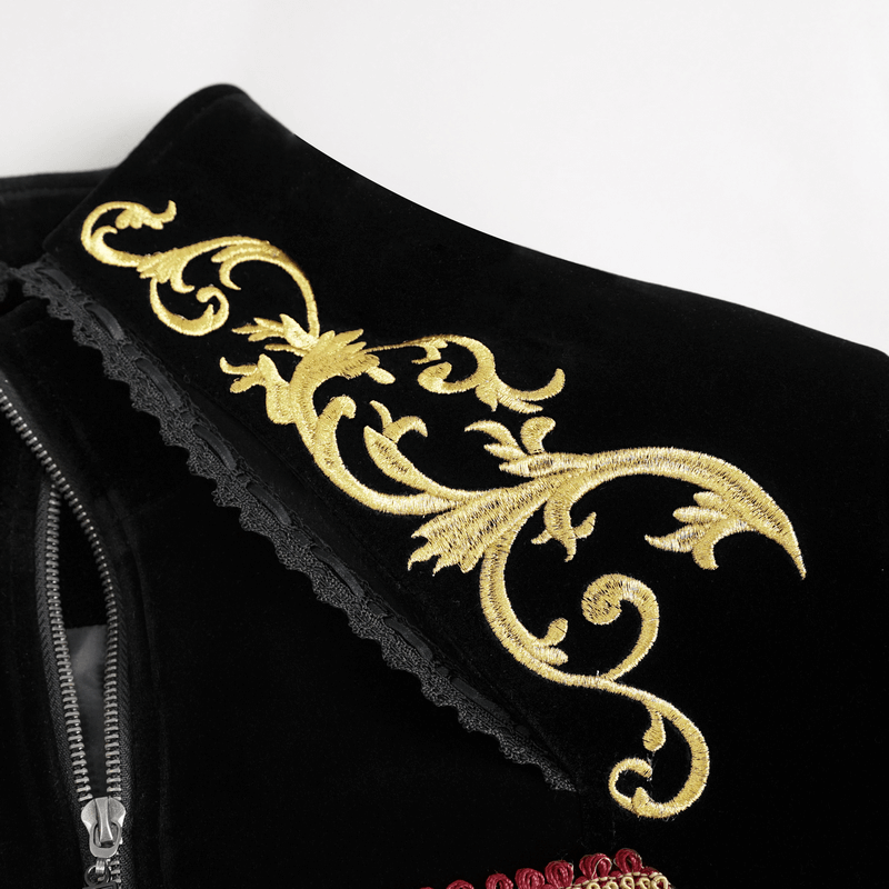 Close-up of intricate gold embroidery on vintage gothic tailcoat collar, showcasing elegant design details.