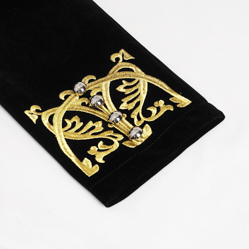 Close-up of vintage black tailcoat sleeve featuring intricate gold embroidery and silver embellishments.