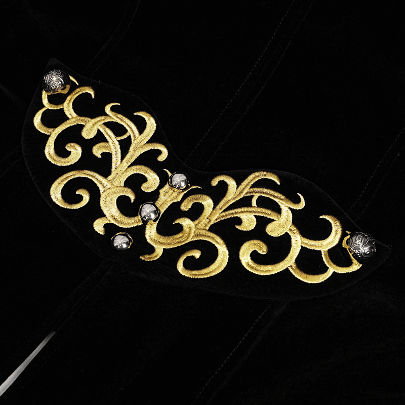 Elegant gold embroidery detail on vintage gothic tailcoat collar, showcasing intricate designs on black fabric.