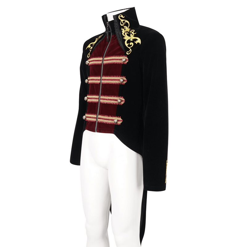 Vintage stand-up collar tailcoat with gold embroidery for a stylish gothic look.