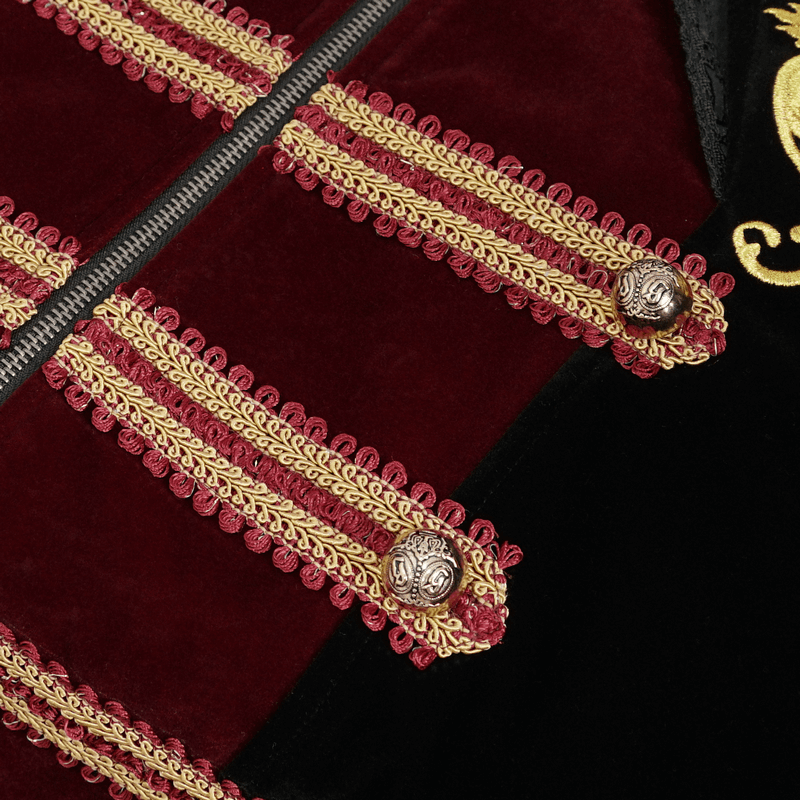 Intricate gold embroidery and buttons on vintage gothic stand-up collar tailcoat, showcasing stylish detail.