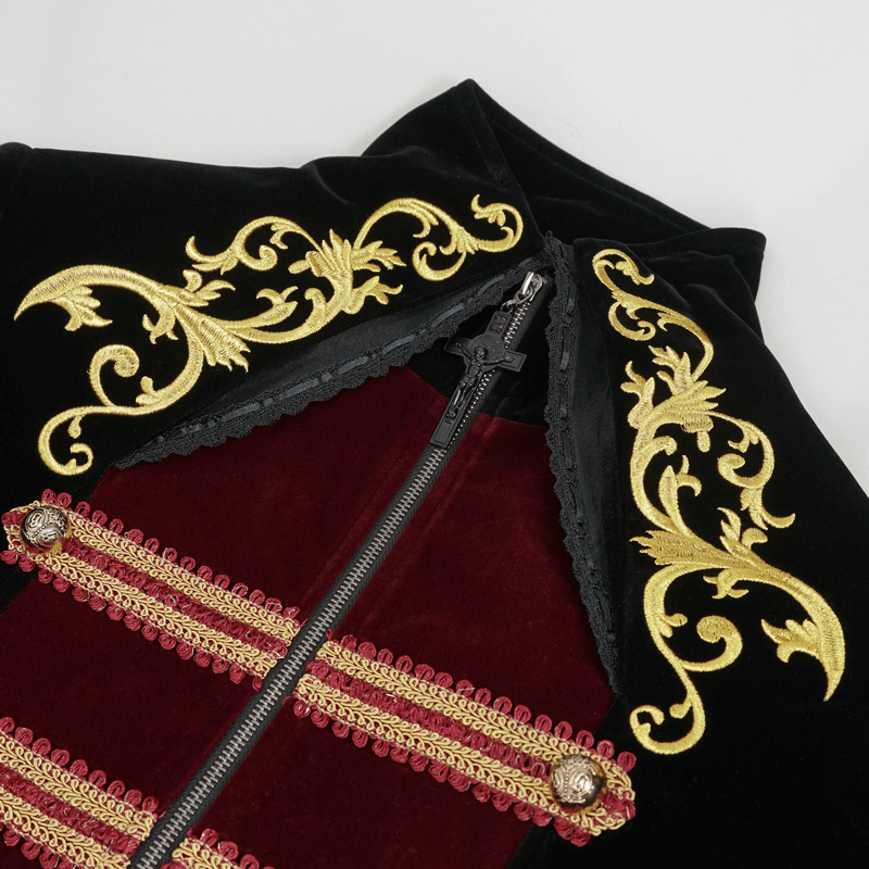 Vintage Gothic stand-up collar tailcoat with intricate gold embroidery and deep red accents.