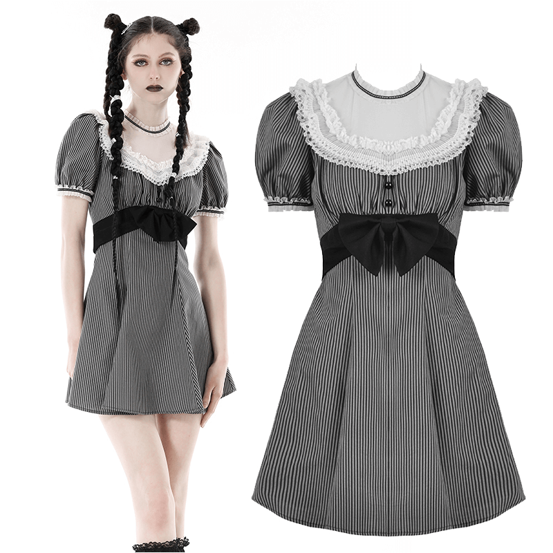 Vintage Striped Dress with Lace and Bow Detail