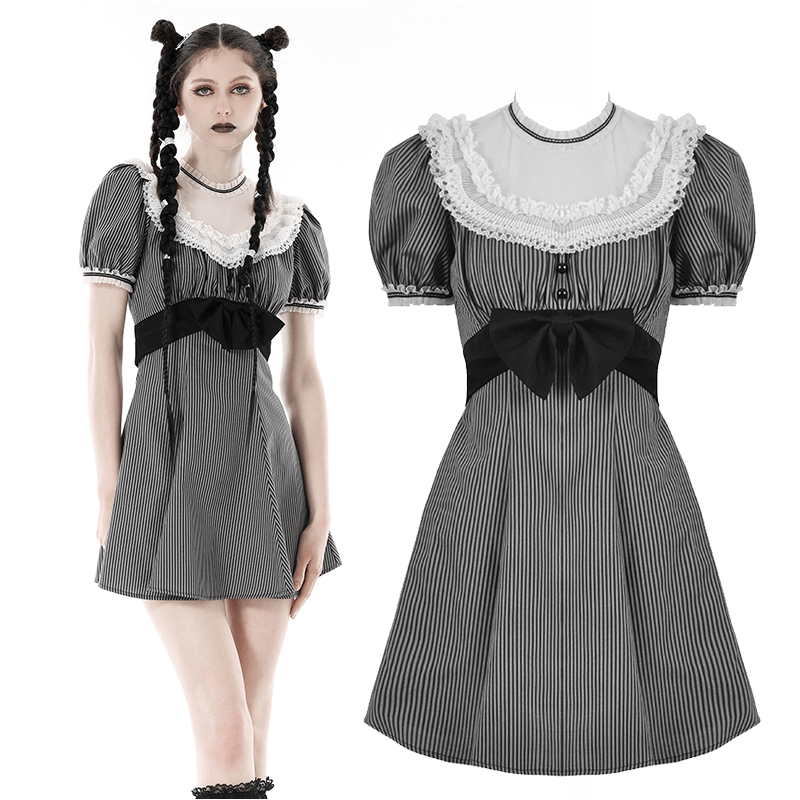 Vintage striped dress with lace collar and bow, showcasing elegant pinstripes and a flattering silhouette.