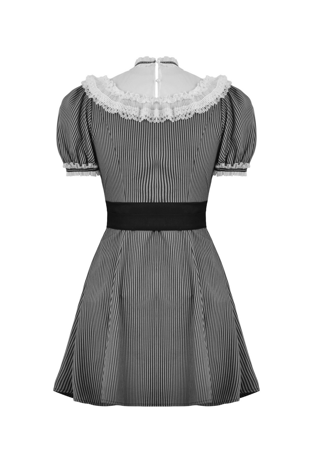 Back view of vintage striped dress with lace collar and bow detail, showcasing elegant pinstripes and a flattering silhouette.